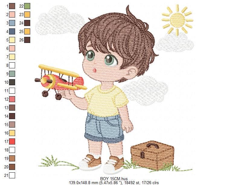 Baby Boy with toy car embroidery designs - Toddler playing machine embroidery pattern - Boy with airplane toy - Instant digital download pes