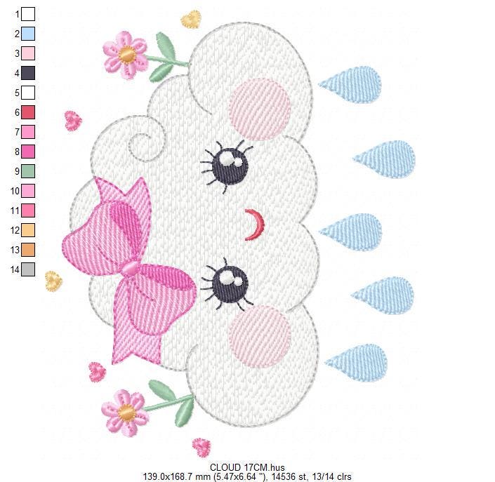 Raining Cloud embroidery design - Cloud with flowers and lace machine embroidery pattern - Cloud with happy face - Instant download pes jef