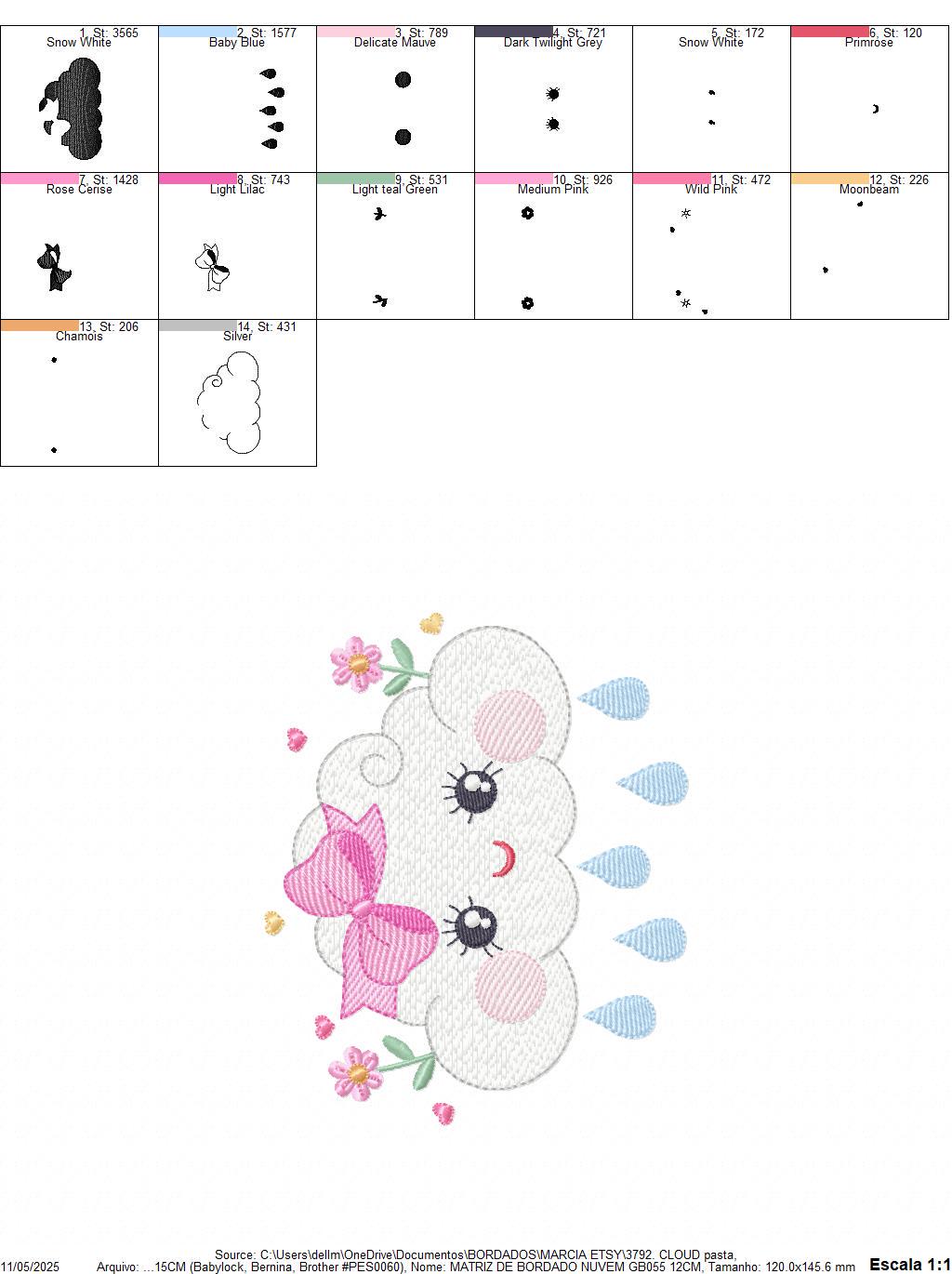 Raining Cloud embroidery design - Cloud with flowers and lace machine embroidery pattern - Cloud with happy face - Instant download pes jef