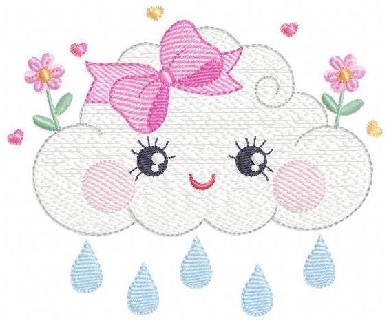 Raining Cloud embroidery design - Cloud with flowers and lace machine embroidery pattern - Cloud with happy face - Instant download pes jef