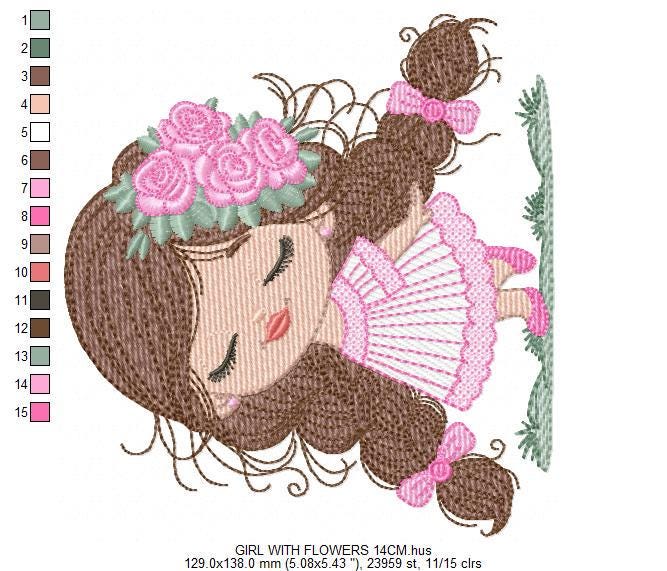 Baby girl embroidery designs - Girl with long hair braids and roses machine embroidery pattern - Princess with flower - Instant download pes