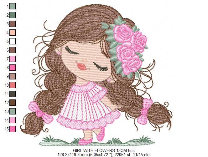 Baby girl embroidery designs - Girl with long hair braids and roses machine embroidery pattern - Princess with flower - Instant download pes