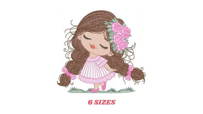 Baby girl embroidery designs - Girl with long hair braids and roses machine embroidery pattern - Princess with flower - Instant download pes