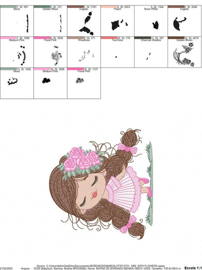 Baby girl embroidery designs - Girl with long hair braids and roses machine embroidery pattern - Princess with flower - Instant download pes