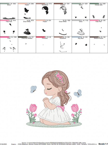 Praying girl embroidery designs - First Communion Girl down on her knees machine embroidery pattern - Christian file - Instant download