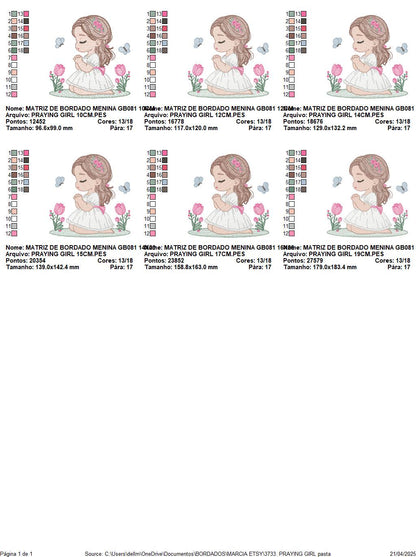 Praying girl embroidery designs - First Communion Girl down on her knees machine embroidery pattern - Christian file - Instant download