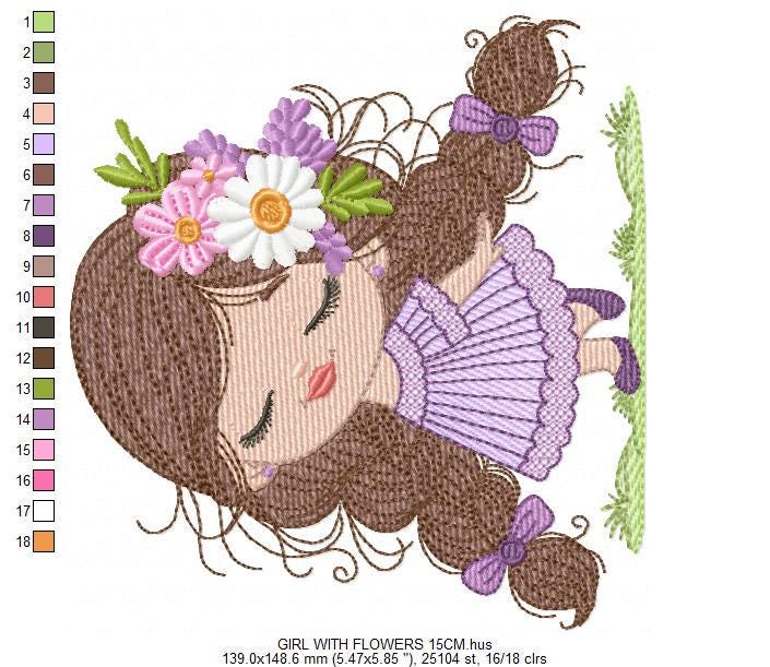 Baby girl embroidery designs - Princess with long hair with braids and flowers machine embroidery pattern - Instant digital download pes