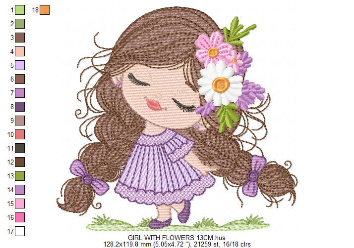 Baby girl embroidery designs - Princess with long hair with braids and flowers machine embroidery pattern - Instant digital download pes