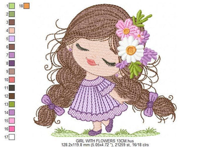 Baby girl embroidery designs - Princess with long hair with braids and flowers machine embroidery pattern - Instant digital download pes