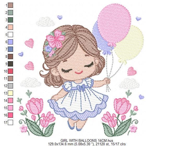 Baby girl with balloons embroidery designs - Birthday Party Girl machine embroidery pattern - Girl with flowers file - Instant download pes