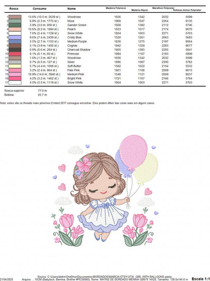 Baby girl with balloons embroidery designs - Birthday Party Girl machine embroidery pattern - Girl with flowers file - Instant download pes