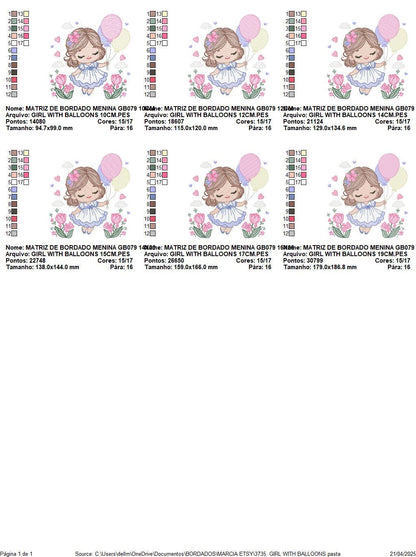 Baby girl with balloons embroidery designs - Birthday Party Girl machine embroidery pattern - Girl with flowers file - Instant download pes