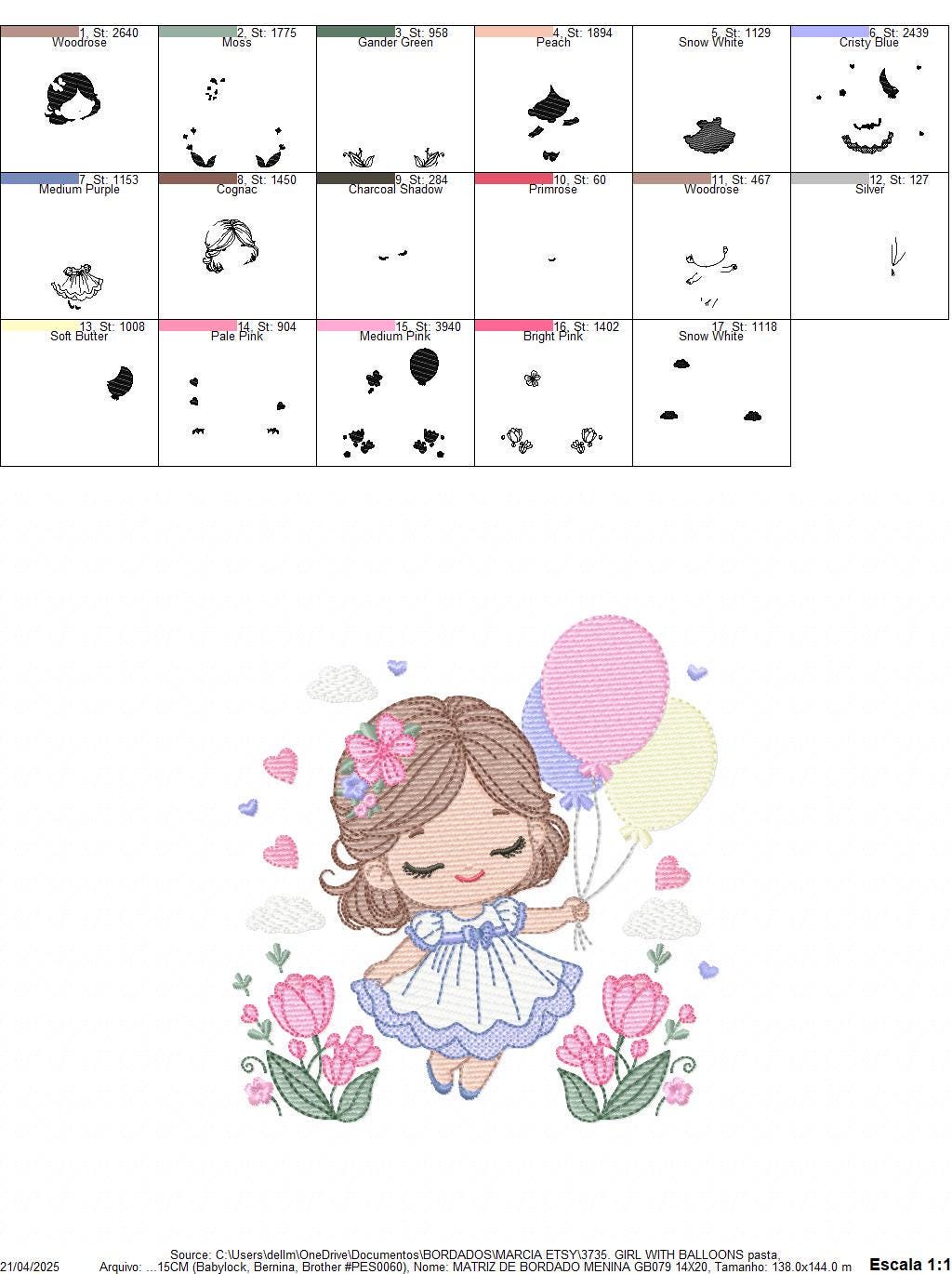 Baby girl with balloons embroidery designs - Birthday Party Girl machine embroidery pattern - Girl with flowers file - Instant download pes