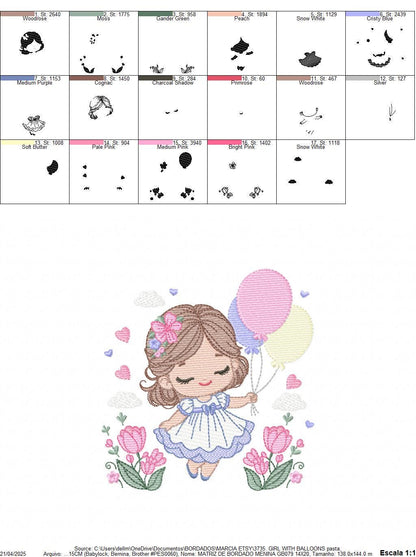 Baby girl with balloons embroidery designs - Birthday Party Girl machine embroidery pattern - Girl with flowers file - Instant download pes