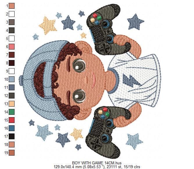 Boy with videogame embroidery designs - Baby Boy gamer with cap machine embroidery pattern - Instant digital download pes jef dst hus vp3