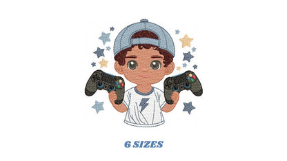 Boy with videogame embroidery designs - Baby Boy gamer with cap machine embroidery pattern - Instant digital download pes jef dst hus vp3