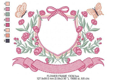 Flower Frame embroidery designs - Delicate Butterfly Monogram shape machine embroidery pattern -Floral Wreath - Instant download pes jef dst