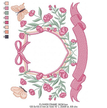 Flower Frame embroidery designs - Delicate Butterfly Monogram shape machine embroidery pattern -Floral Wreath - Instant download pes jef dst