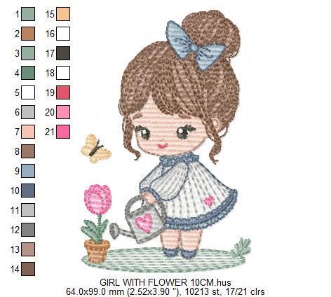 Baby girl embroidery designs - Girl with flower and butterfly machine embroidery pattern - Princess file - Instant digital download pes jef