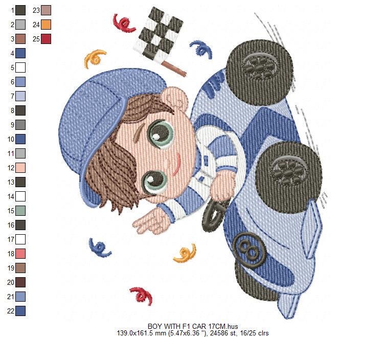 Baby Boy with F1 car embroidery designs - Toddler playing machine embroidery pattern - Boy with cap - Instant digital download pes jef dst