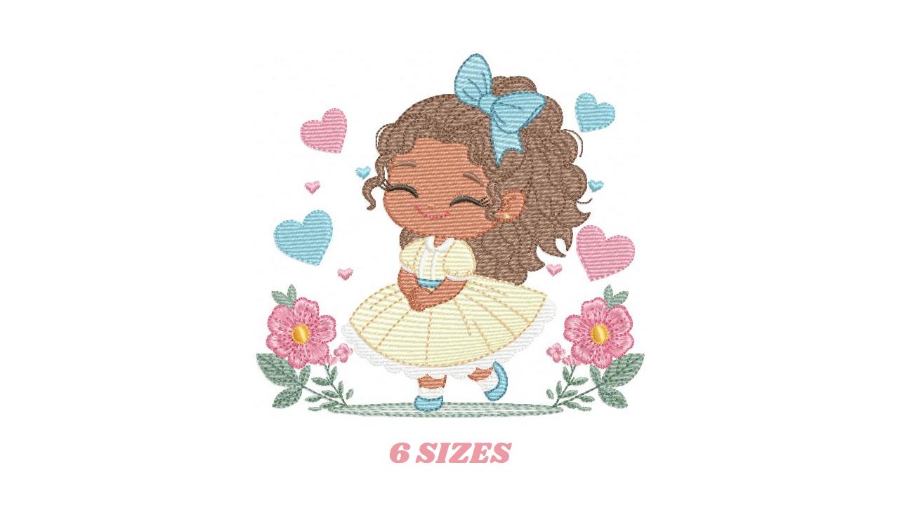 Baby Girl with Black Curly Long Hair embroidery designs - Girl with lace and flowers machine embroidery pattern - Instant download pes jef