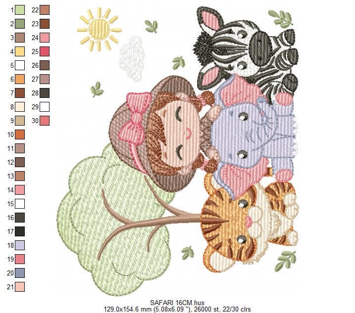 Safari Wild Animals embroidery designs - Elephant Zebra Tiger machine embroidery pattern - Baby Girl file - Instant download pes jef dst hus