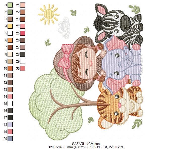 Safari Wild Animals embroidery designs - Elephant Zebra Tiger machine embroidery pattern - Baby Girl file - Instant download pes jef dst hus