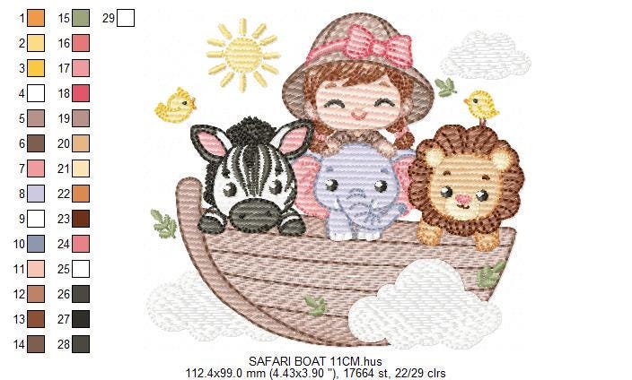 Safari Wild Animal embroidery designs - Elephant Zebra Lion in a boat machine embroidery pattern - Baby Girl Explorer - Instant download pes