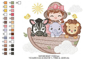 Safari Wild Animal embroidery designs - Elephant Zebra Lion in a boat machine embroidery pattern - Baby Girl Explorer - Instant download pes