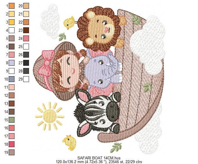 Safari Wild Animal embroidery designs - Elephant Zebra Lion in a boat machine embroidery pattern - Baby Girl Explorer - Instant download pes