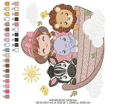 Safari Wild Animal embroidery designs - Elephant Zebra Lion in a boat machine embroidery pattern - Baby Girl Explorer - Instant download pes