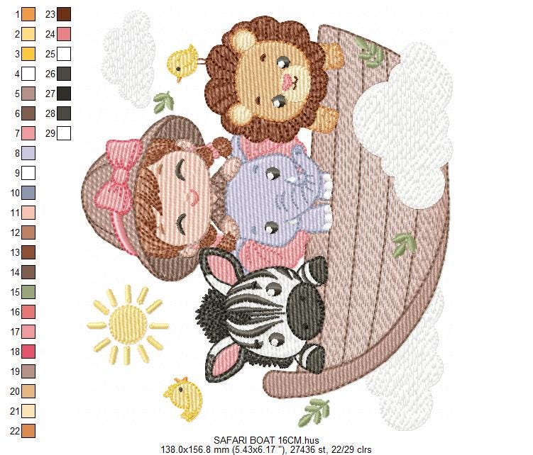 Safari Wild Animal embroidery designs - Elephant Zebra Lion in a boat machine embroidery pattern - Baby Girl Explorer - Instant download pes