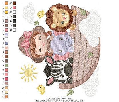 Safari Wild Animal embroidery designs - Elephant Zebra Lion in a boat machine embroidery pattern - Baby Girl Explorer - Instant download pes