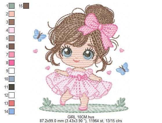 Young Girl with dress embroidery designs - Baby girl with long hair and bow machine embroidery pattern - Party dress file - Instant download