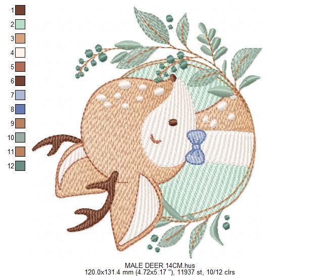Deer embroidery design - Woodland animal with laurel frame machine embroidery pattern - Baby boy file - Instant digital download pes jef dst