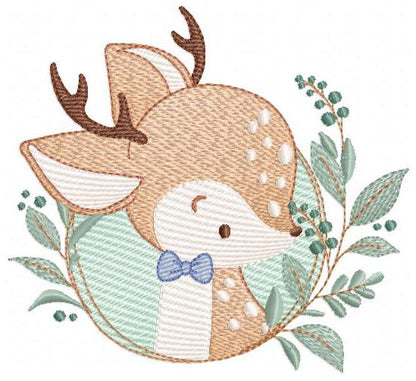 Deer embroidery design - Woodland animal with laurel frame machine embroidery pattern - Baby boy file - Instant digital download pes jef dst