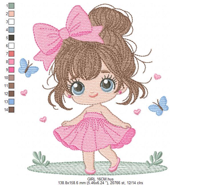 Young Girl with dress embroidery designs - Baby girl with lace machine embroidery pattern - Princes file - Instant digital download pes jef