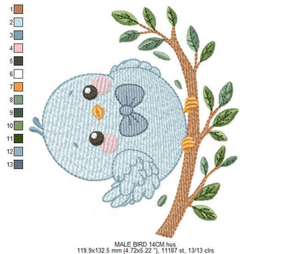 Bird embroidery designs - Baby boy bird with bow tie machine embroidery pattern - Spring Garden Nature - Instant download jef pes dst hus