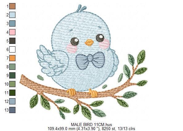 Bird embroidery designs - Baby boy bird with bow tie machine embroidery pattern - Spring Garden Nature - Instant download jef pes dst hus