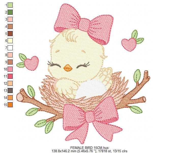 Bird embroidery designs - Baby Girl Bird with bow lace machine embroidery pattern - Spring Garden Nature file - Instant download jef pes dst