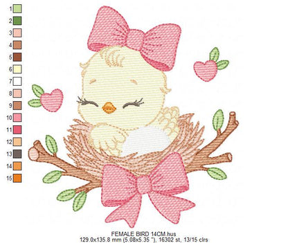 Bird embroidery designs - Baby Girl Bird with bow lace machine embroidery pattern - Spring Garden Nature file - Instant download jef pes dst