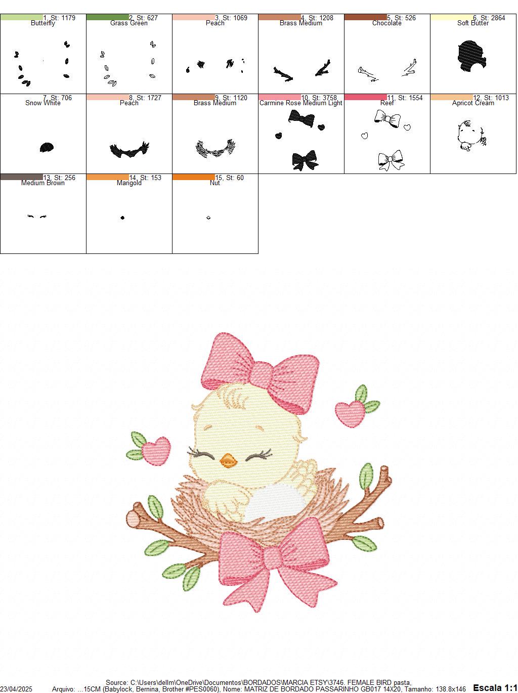 Bird embroidery designs - Baby Girl Bird with bow lace machine embroidery pattern - Spring Garden Nature file - Instant download jef pes dst