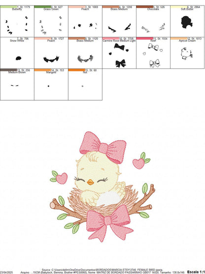 Bird embroidery designs - Baby Girl Bird with bow lace machine embroidery pattern - Spring Garden Nature file - Instant download jef pes dst