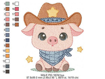 Pig embroidery design - Farm Animal Cowboy machine embroidery pattern - Baby boy file - Ranch Swine Piggy with hat - Instant download pes