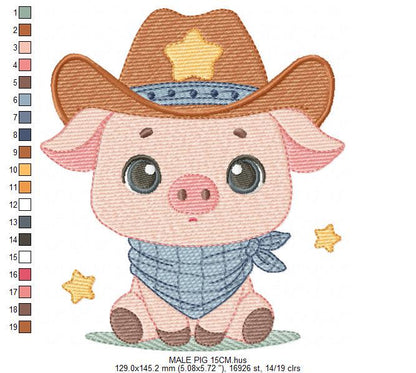 Pig embroidery design - Farm Animal Cowboy machine embroidery pattern - Baby boy file - Ranch Swine Piggy with hat - Instant download pes