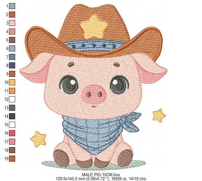 Pig embroidery design - Farm Animal Cowboy machine embroidery pattern - Baby boy file - Ranch Swine Piggy with hat - Instant download pes