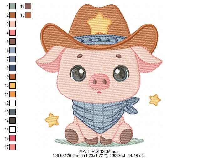 Pig embroidery design - Farm Animal Cowboy machine embroidery pattern - Baby boy file - Ranch Swine Piggy with hat - Instant download pes