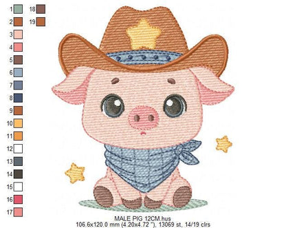 Pig embroidery design - Farm Animal Cowboy machine embroidery pattern - Baby boy file - Ranch Swine Piggy with hat - Instant download pes