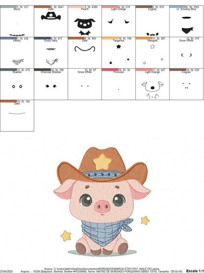 Pig embroidery design - Farm Animal Cowboy machine embroidery pattern - Baby boy file - Ranch Swine Piggy with hat - Instant download pes