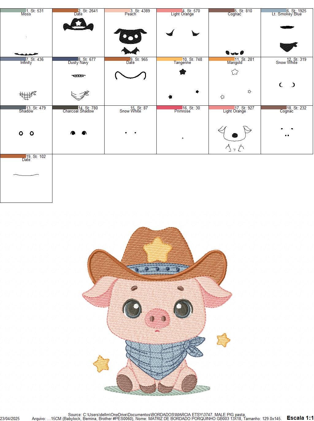 Pig embroidery design - Farm Animal Cowboy machine embroidery pattern - Baby boy file - Ranch Swine Piggy with hat - Instant download pes